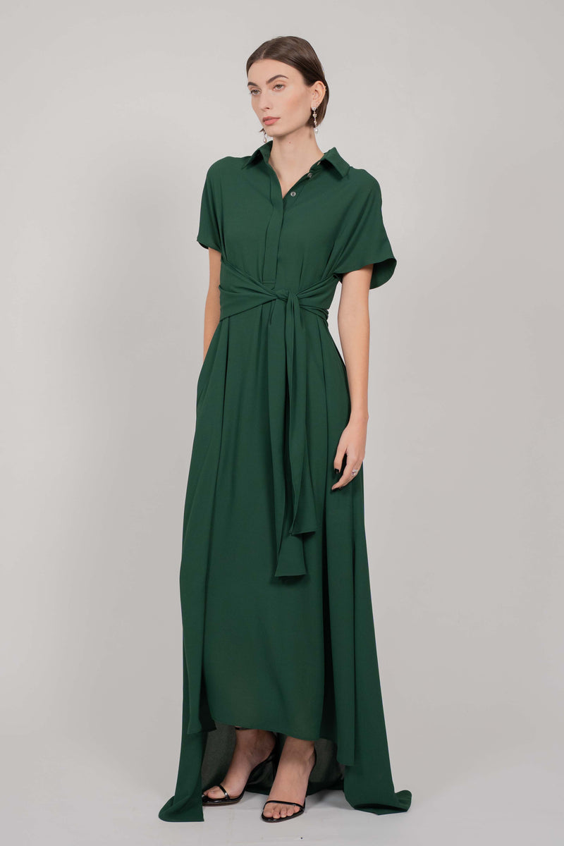 SHIRT TIE DRESS WITH TRAIN (GREEN)