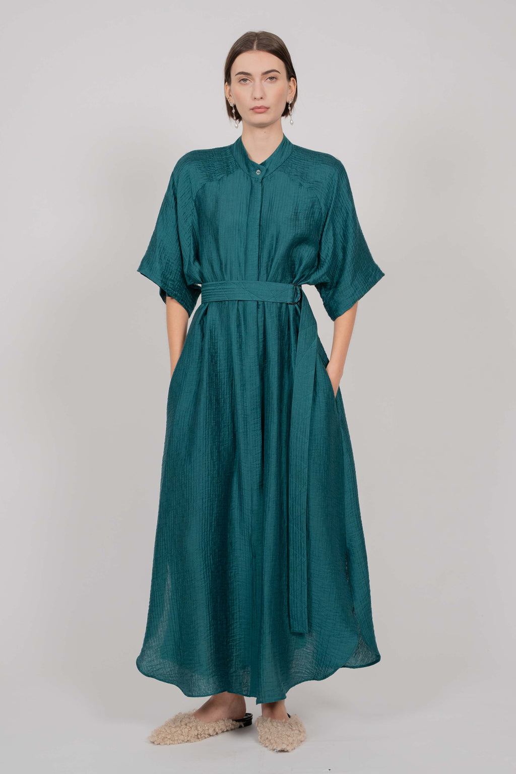 SHIRT DRESS WITH BELT (GREEN)