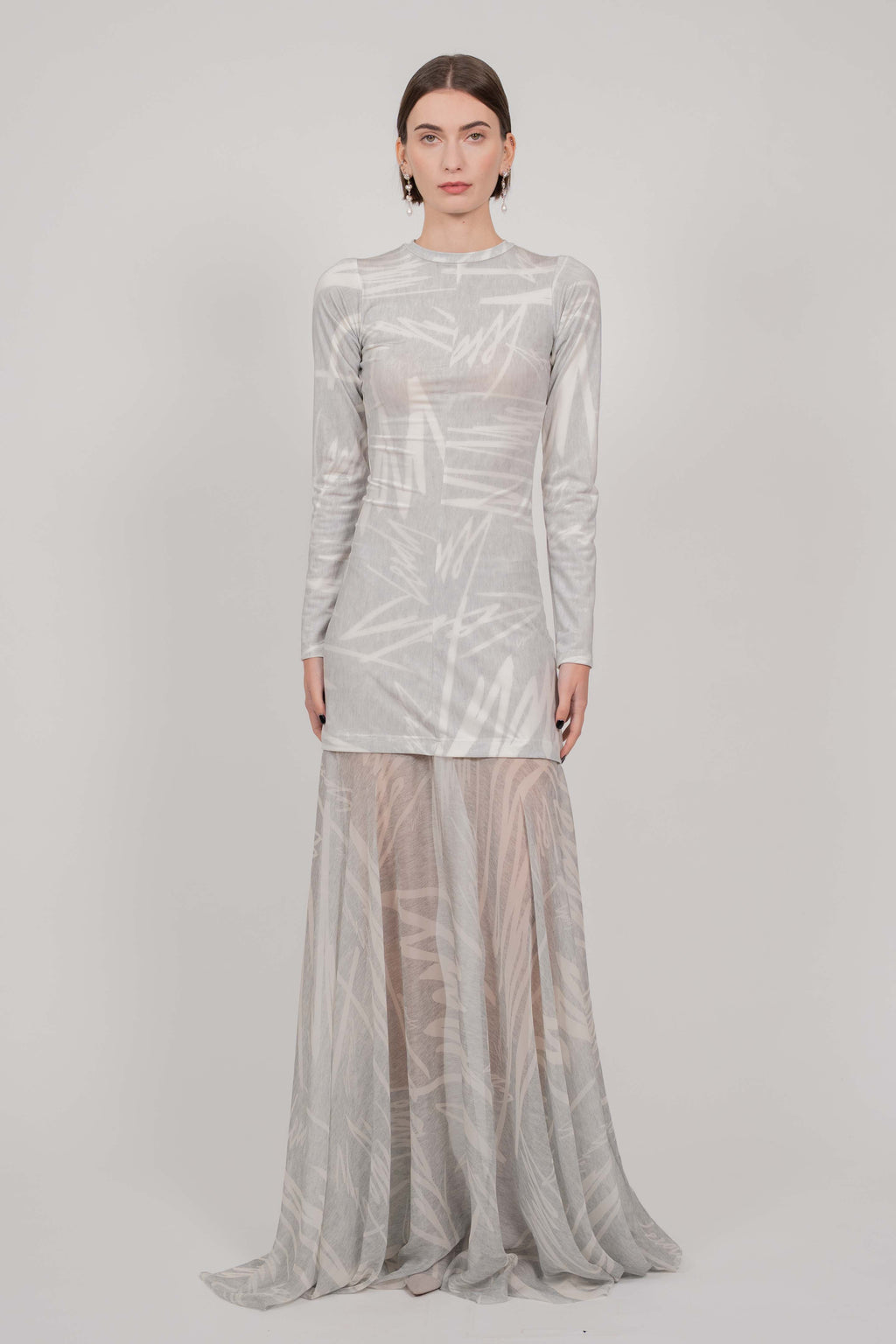 GREY PRINT DRESS LONG