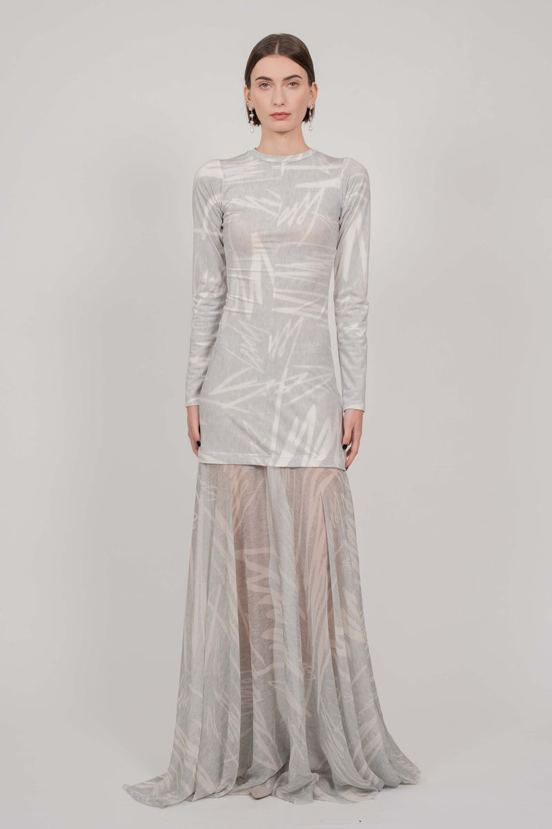 GREY PRINT DRESS LONG