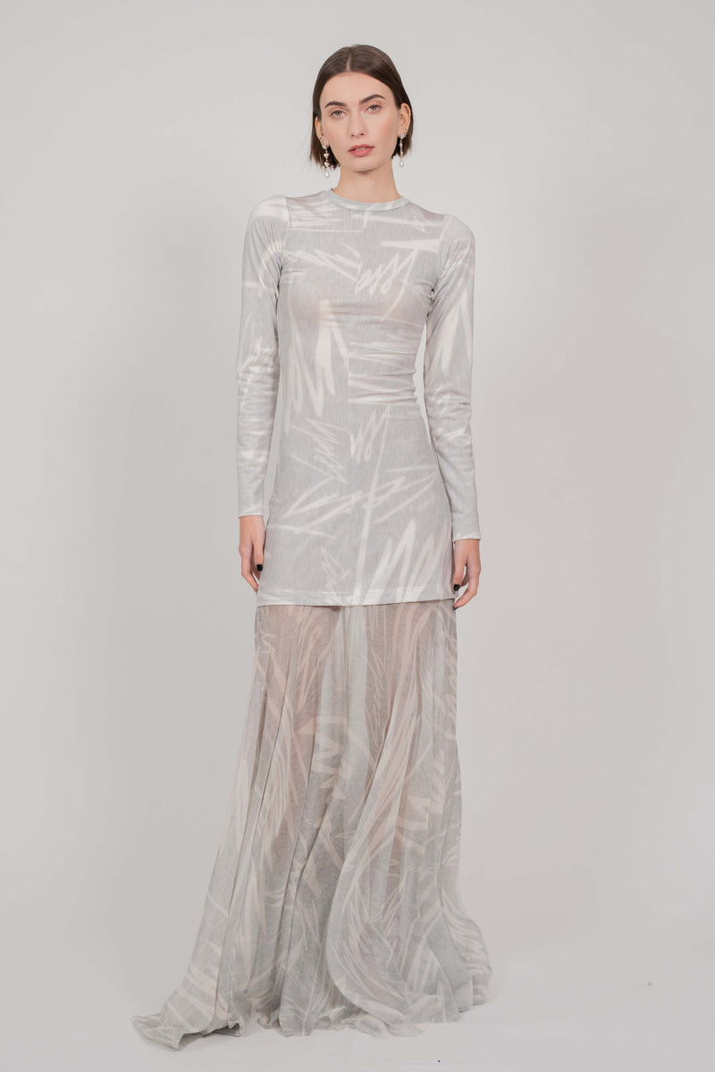 GREY PRINT DRESS LONG