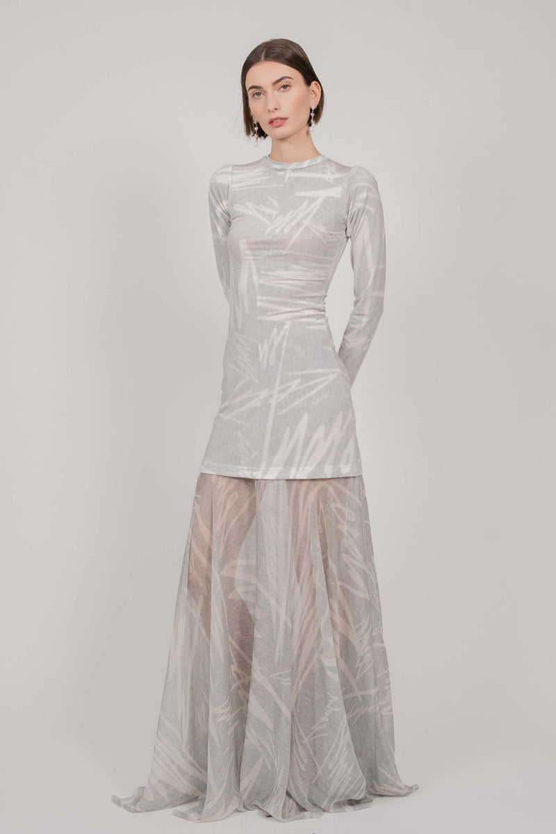 GREY PRINT DRESS LONG