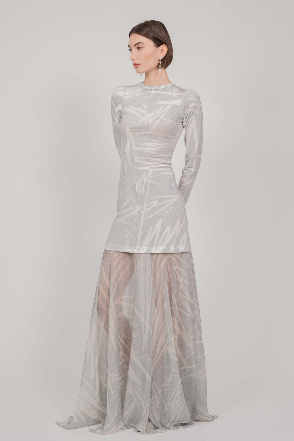 GREY PRINT DRESS LONG