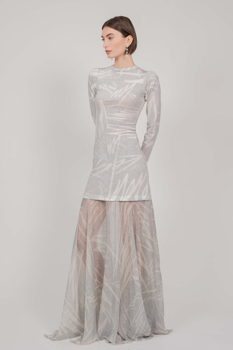 GREY PRINT DRESS LONG