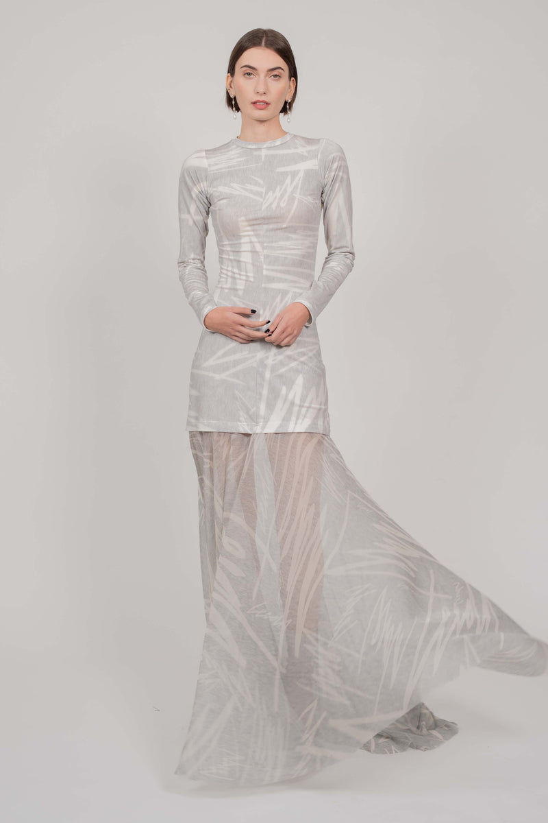 GREY PRINT DRESS LONG