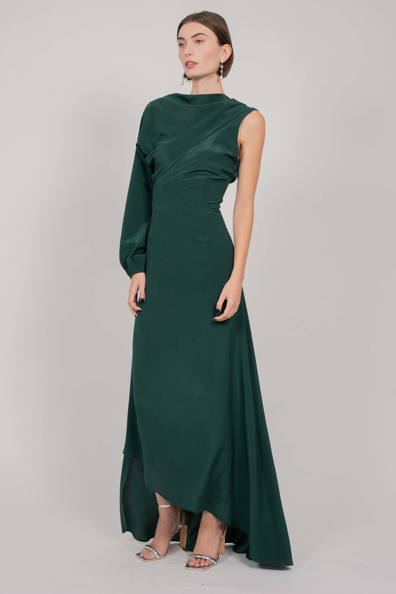 ASYMMETRIC SILK LONG DRESS WITH ONE SLEEVE (GREEN)