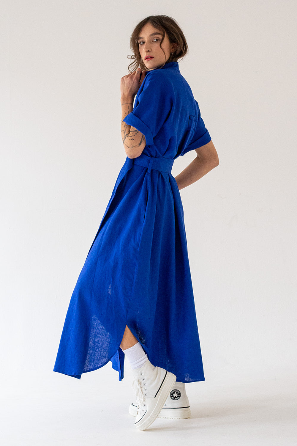 LINEN SHIRT DRESS WITH SHORT SLEEVES -  ROYAL BLUE