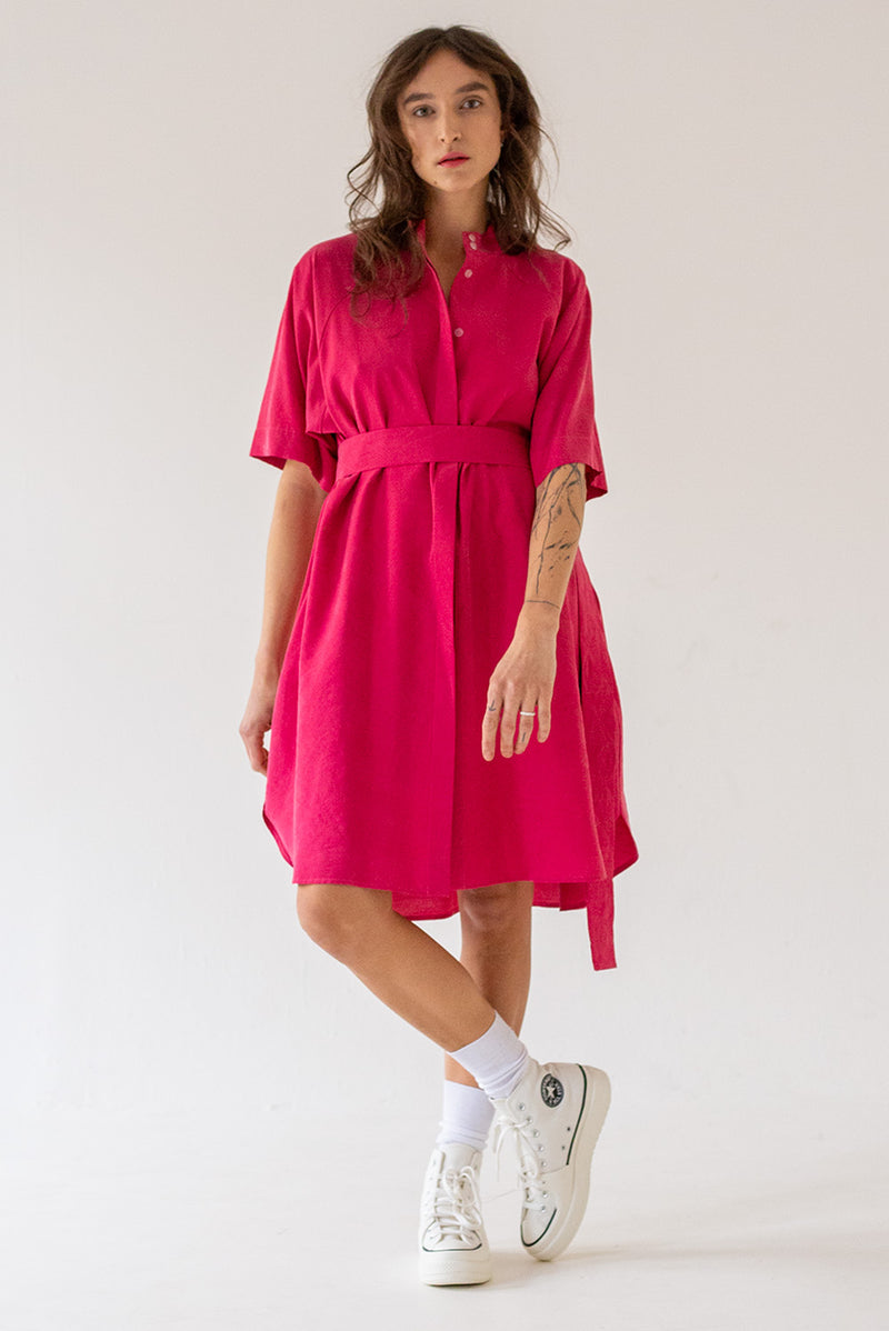 SHIRT DRESS WITH SHORT SLEEVES - FUCHSIA