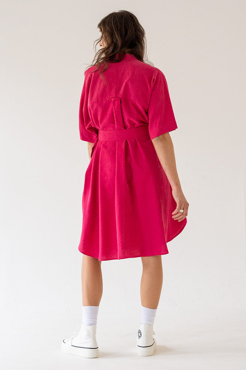 SHIRT DRESS WITH SHORT SLEEVES - FUCHSIA