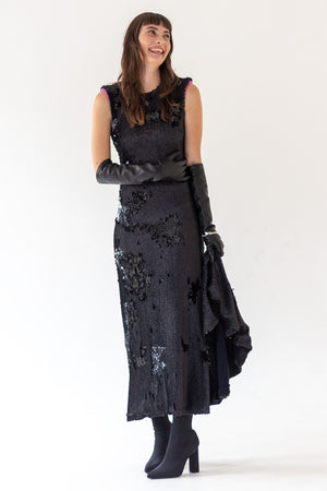 SEQUIN DRESS WITH SHOULDER PADS - BLACK