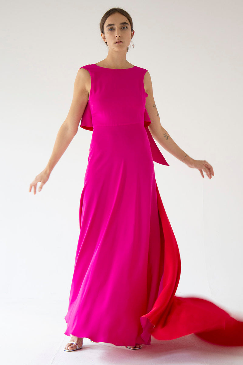 MAGENTA&RED GOWN WITH OPEN BACK WINGS