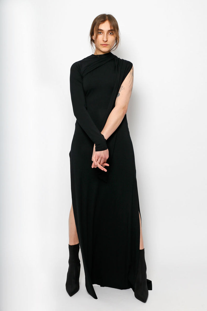 TIE WRAP LONG DRESS - BLACK